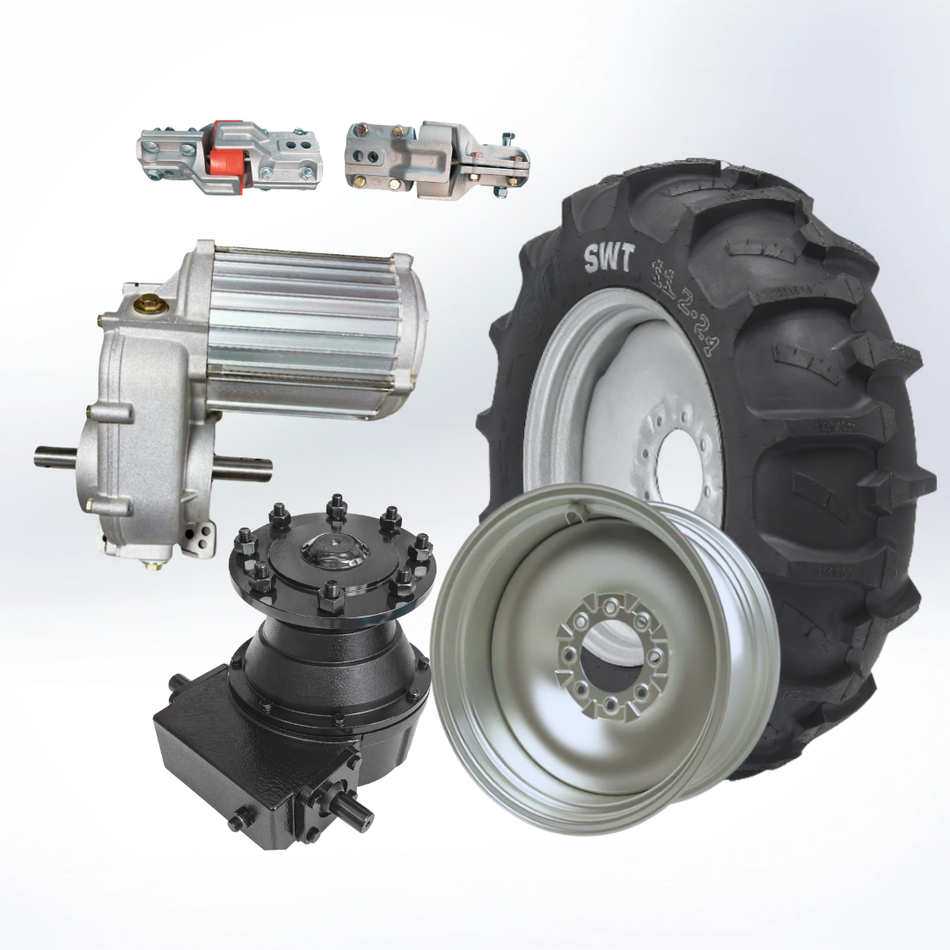  tractor tire labeled "SWT" mounted on a silver rim, a secondary silver rim in the foreground, a heavy-duty black gearbox, an electric motor with a finned aluminum housing, and metal coupling joints.