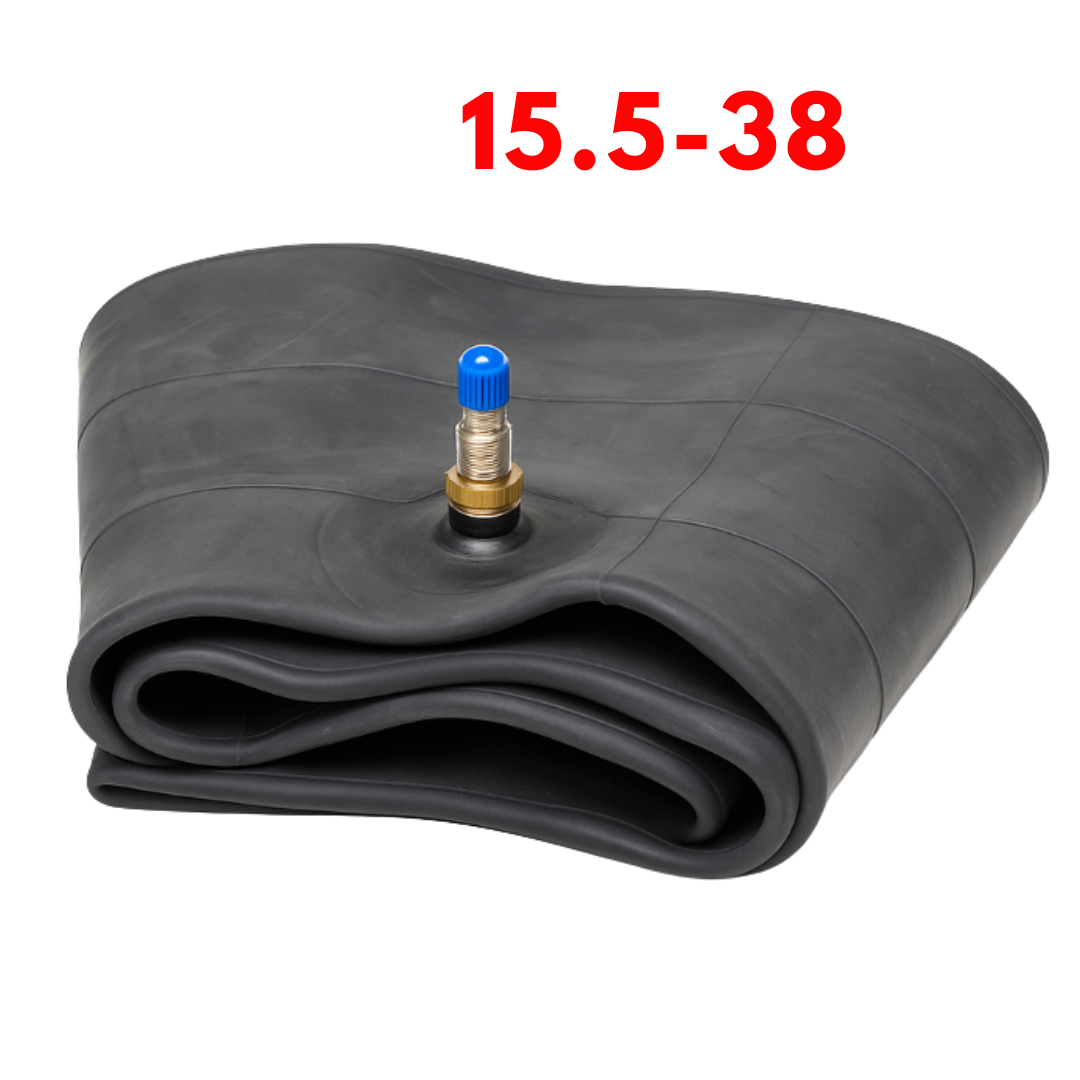 Roll of black inner tube with valve on a white background, featuring size '15.5-38' in red text.