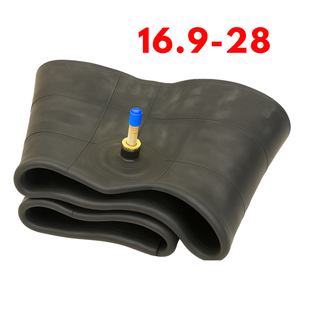 Roll of tire inner tube with valve on a white background, displaying size '16.9-28'.