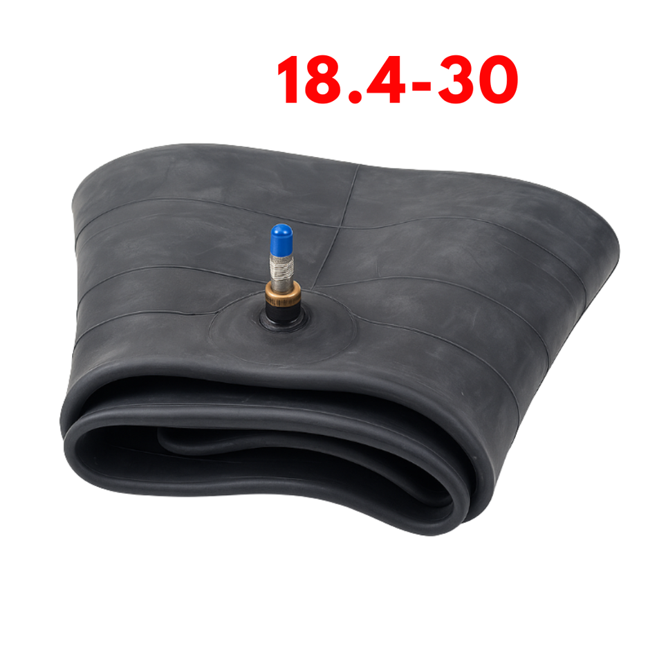 Black inner tube with valve and pressure gauge on a white background, featuring size '18.4-30'.