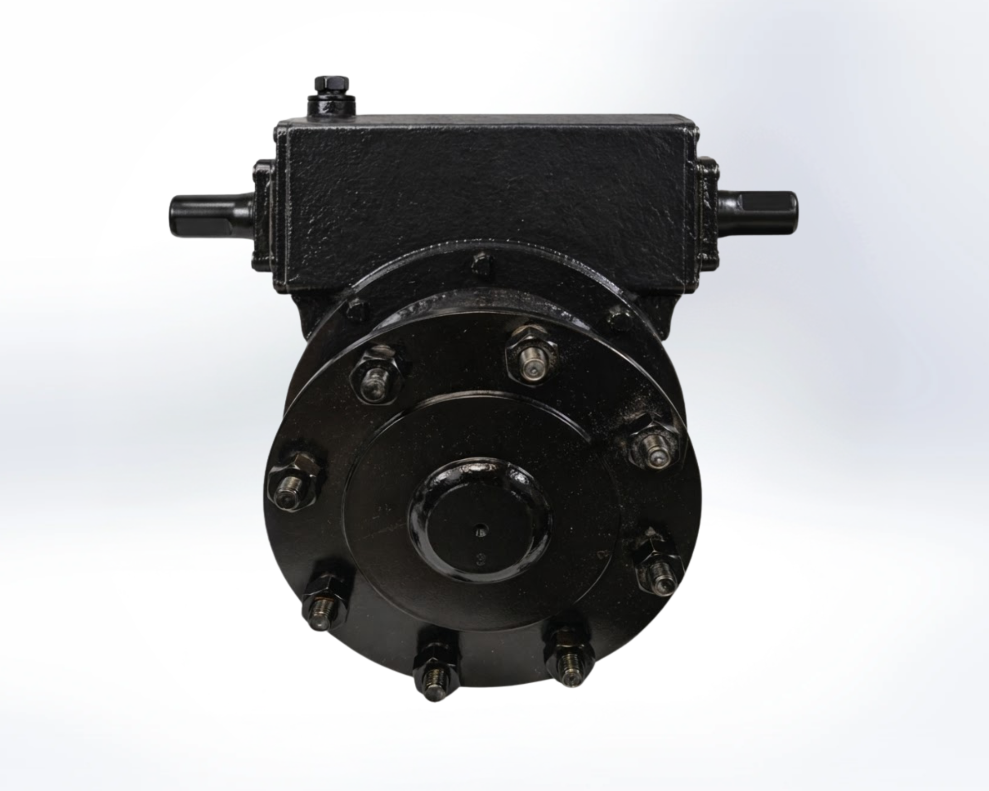 Agricultural center pivot gearbox with flange hub, black gear drive assembly with dual shafts and bolts