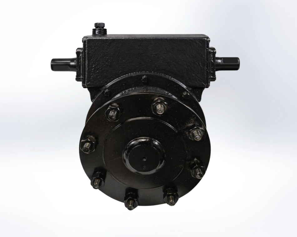 Agricultural center pivot gearbox with flange hub, black gear drive assembly with dual shafts and bolts