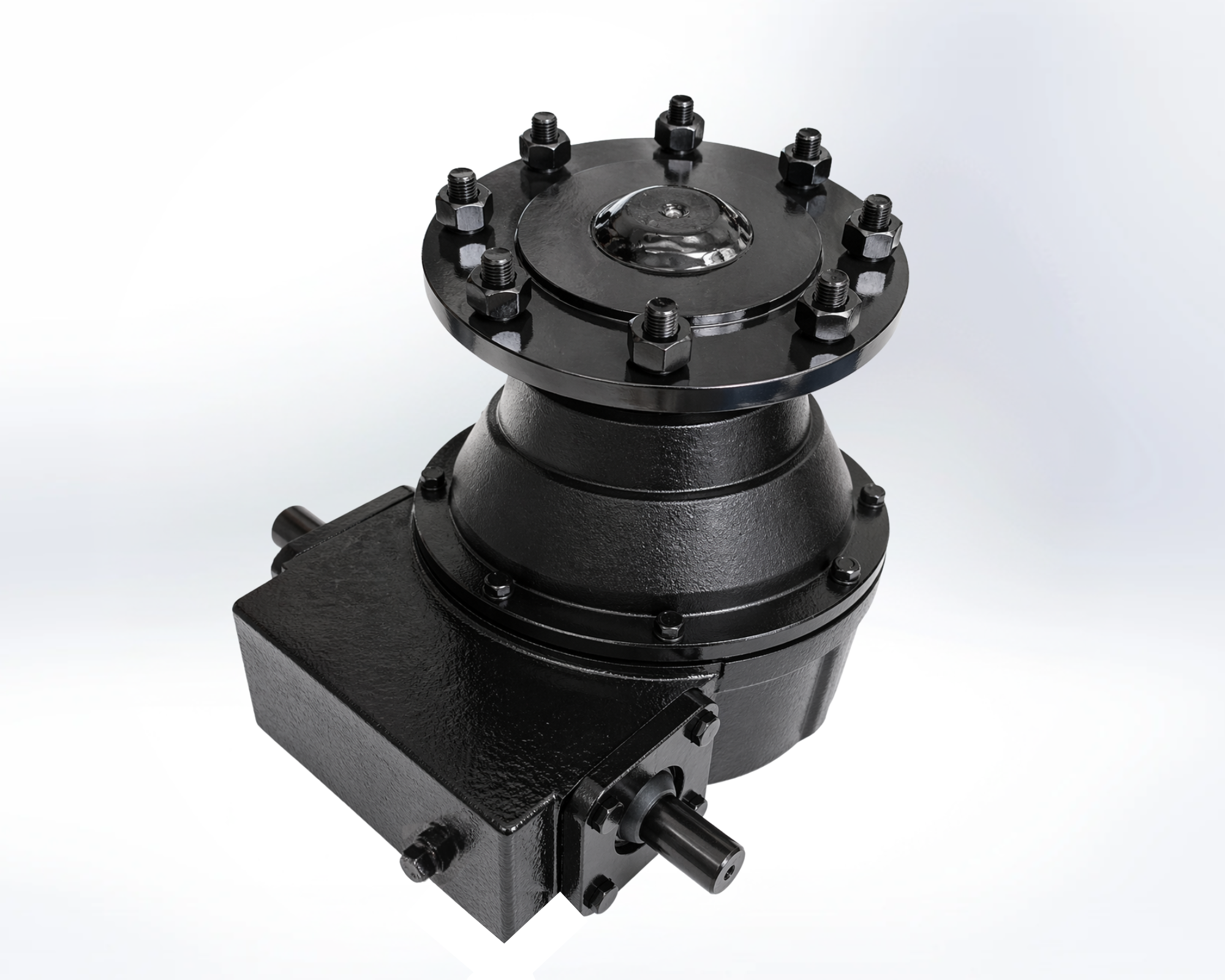 Pivot irrigation gear drive unit with flanged hub and shaft, durable black gearbox for agricultural systems