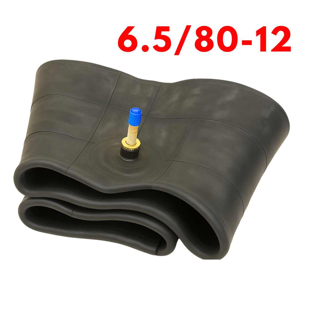 Roll of black tire inner tube with valve on a white background and size '6.5/80-12' displayed.