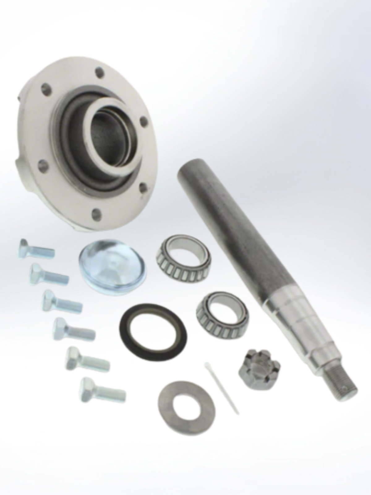 Automotive bearing and shaft assembly on a white background