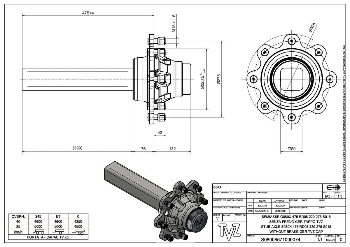 Hub & Spindle Assembly, 8 Bolts, Load Capacity 11,000 lb, Square spindle, EU - European standard, Heavy duty - AG Machinery Depot