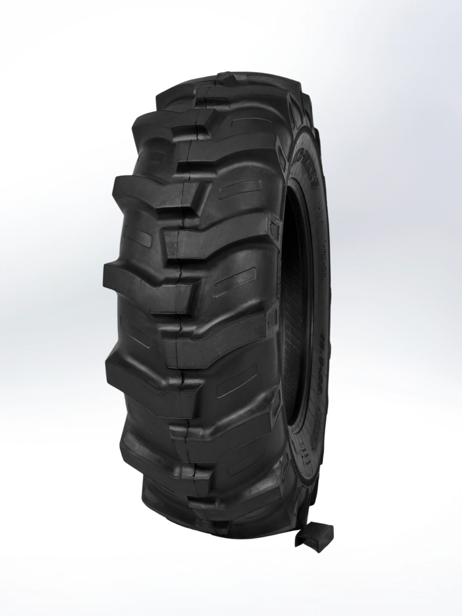 Black tire with prominent tread pattern on a white background. Backhoe Tire 16.9-24 12PR POWERLUG R-4 TUBELESS
