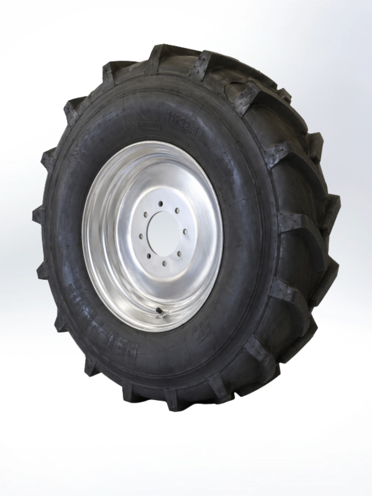 pivot irrigation tire with a silver rim on a white background