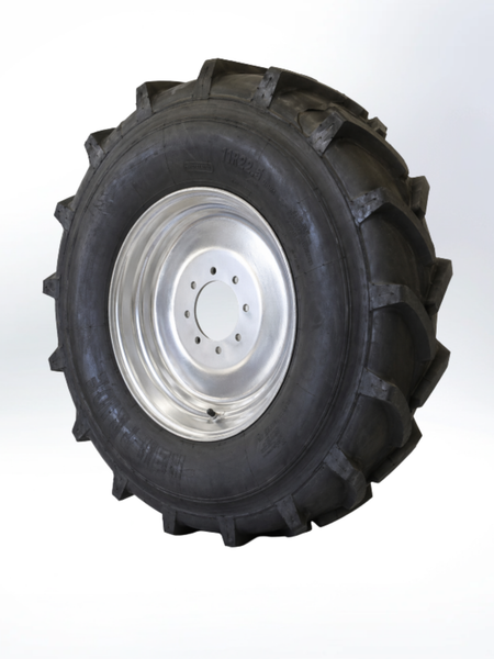 pivot irrigation tire with a silver rim on a white background