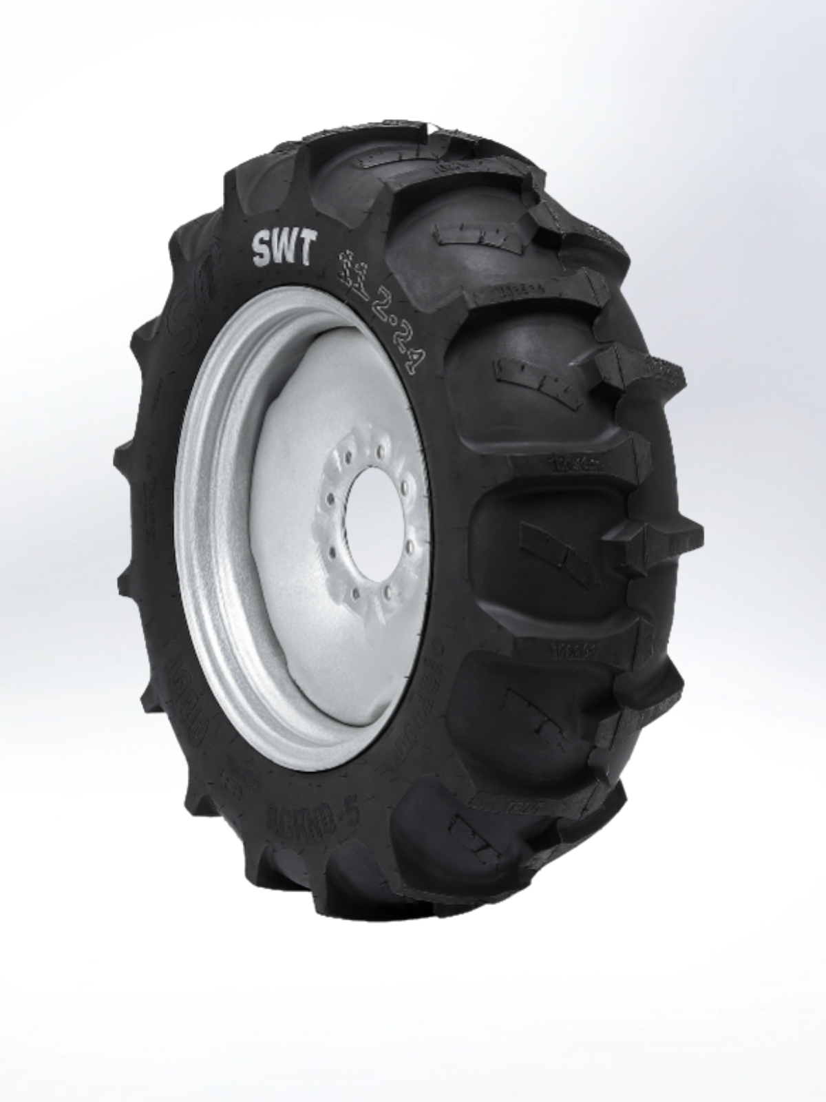 Black tire with white rim on a light gray background