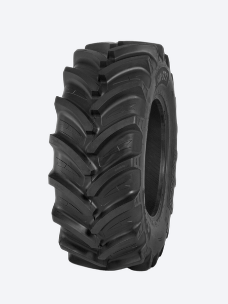 Black tire with prominent tread pattern on a white background. 15.5R38 Radial Tractor Tire (400-75R38) 138B-138A8 SR-777 Radial Tubeless