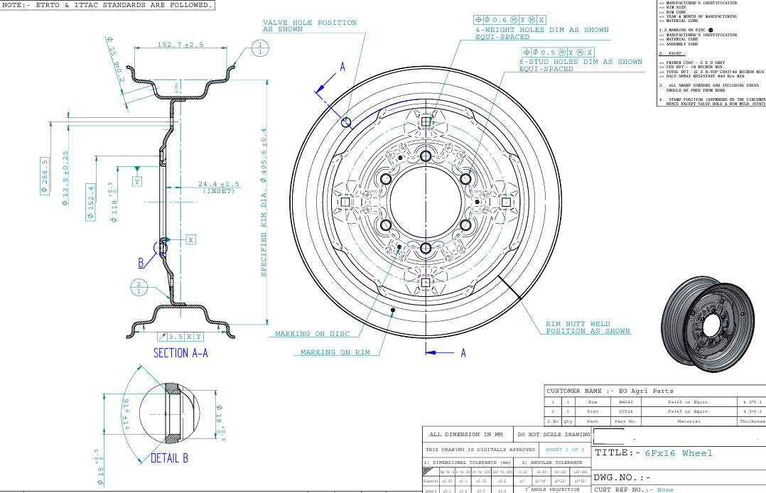 Front Tractor Wheel 6FX16, 6 holes - AG Machinery Depot