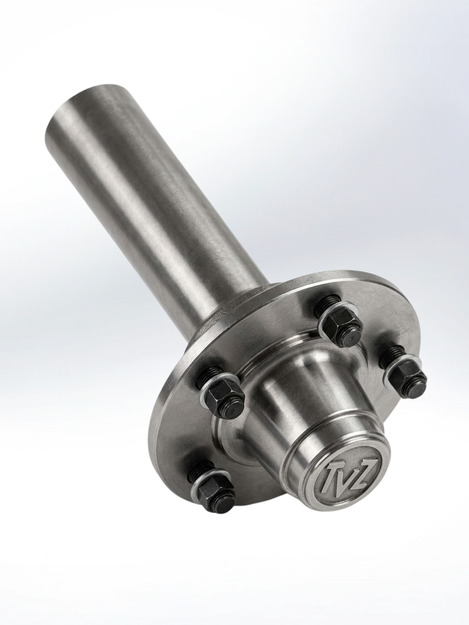 Metallic axle hub with a brand logo on a white background