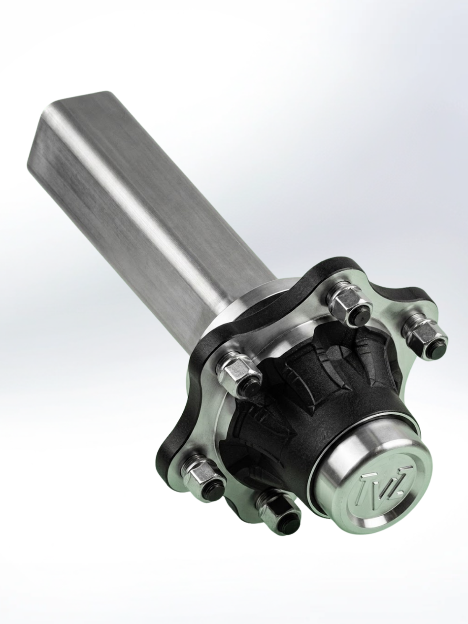 Metallic valve or actuator on a white background. 6 Bolts, Load Capacity 9,000 lb, Square spindle, EU tractor hub and spindle
