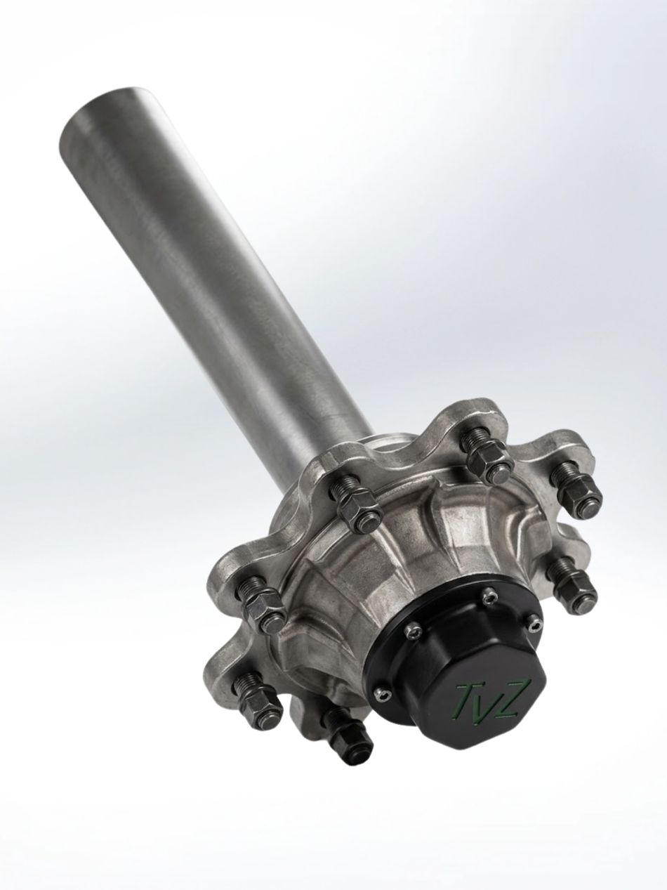 The assembly has a gray/silver finish and includes a black protective hub cap labeled with the "TVZ" logo.
