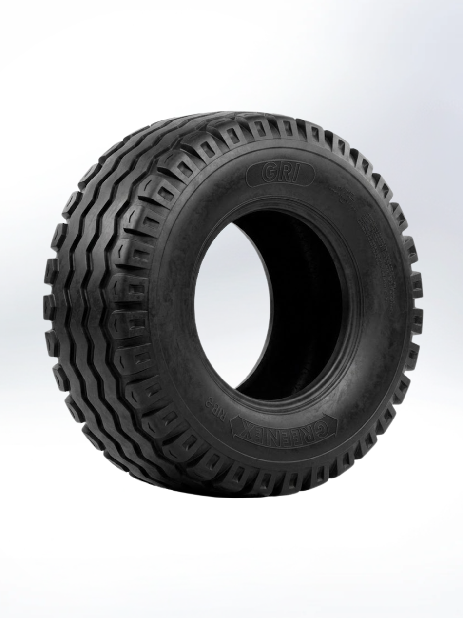 Black tire with tread pattern on a white background. Tire, 10.0/75-15.3, PR - 16, Implement, Extra Load, TL, EU - European Standard, RIB3 Pattern