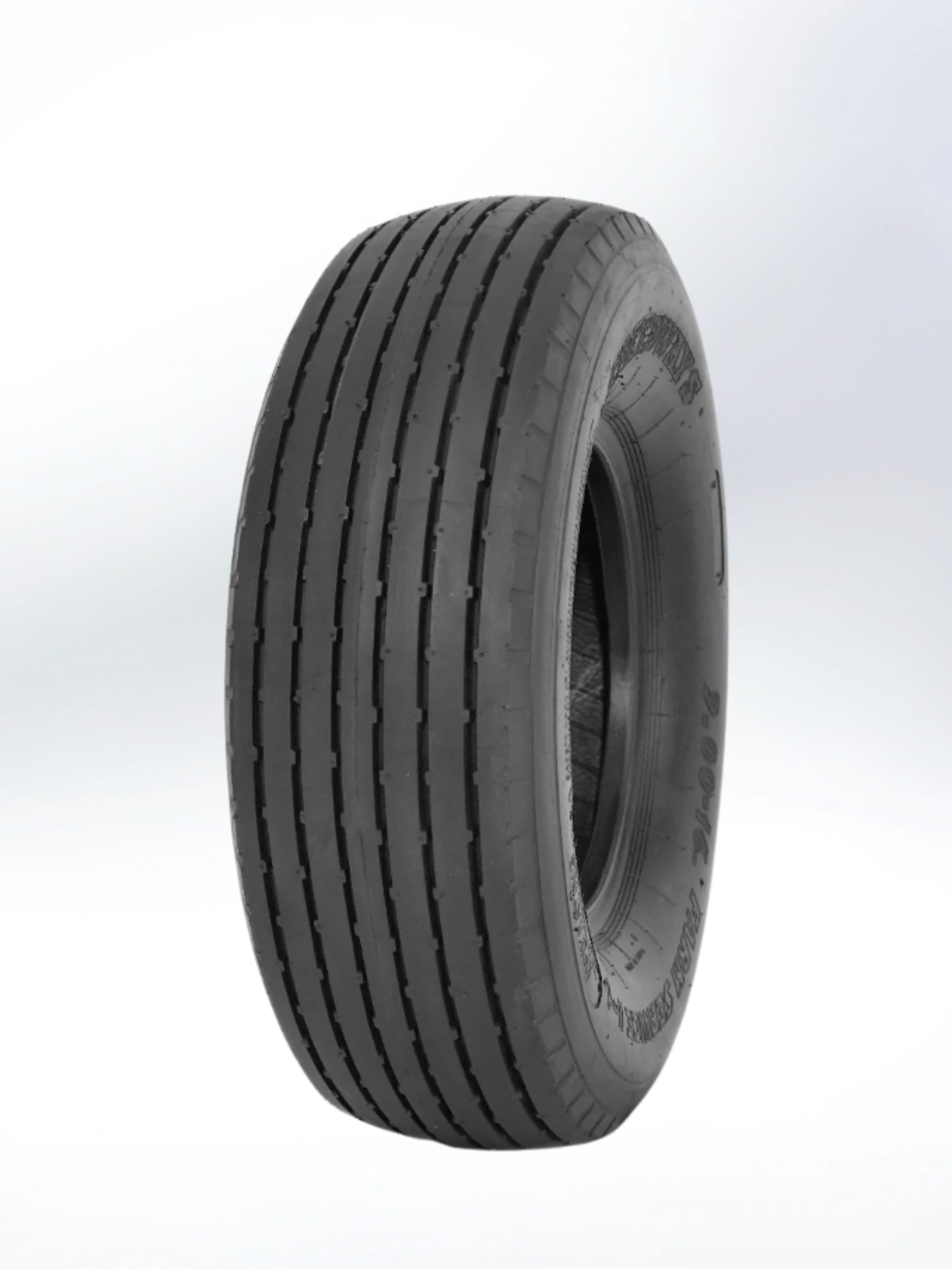 An angled, three-quarter view of a black rubber tire against a plain light gray background. The tire features a specialized tread pattern with multiple deep, parallel vertical grooves running around the circumference, characteristic of a rib tread design typically used for trailers or agricultural equipment. The sidewall shows embossed lettering and technical specifications. Tire, 9.5L-15, PR - 12, Implement, TL, I-1 Pattern